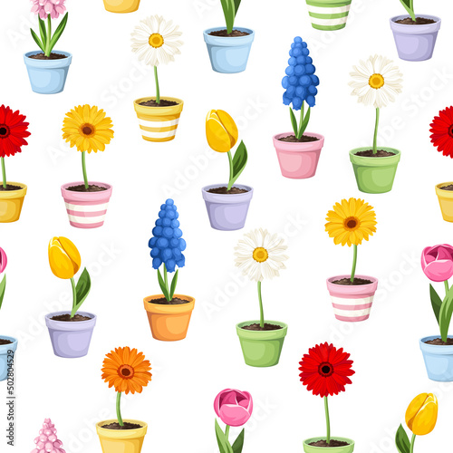 Seamless pattern with colorful spring flowers in flowerpots on a white background. Vector illustration
