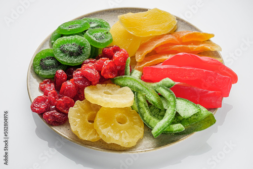 Fototapeta Naklejka Na Ścianę i Meble -  set of various dried fruits on a white acrylic background