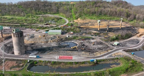 West Virginia coal mine shut down. Aerial of mine entrance. Environmental wasteland, damage. Fossil fuel reliance in USA. photo