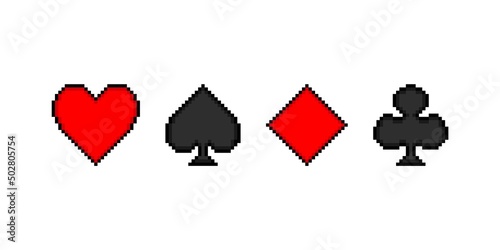 Playing card suits pixel. Red heart and diamond with black club and spade. Gambling poker games in club and vector house