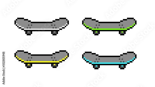 Pixel skateboards. Sports skateboard for fun and extreme sports. Active skateboarding in city and in nature with 8bit resolution for vector game