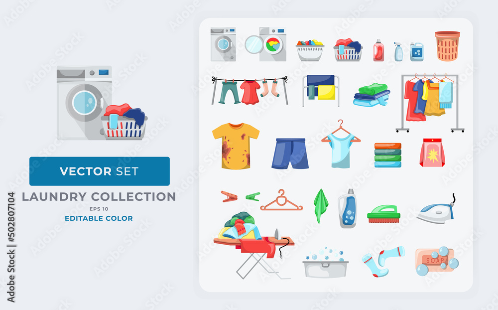 Laundry component collections. Dirty and clean clothes flat vector illustrations set.  Pile of washed clothing, apparel with stains in basket. Dirty t shirt, ironing clothes, hangers, socks, soap set.