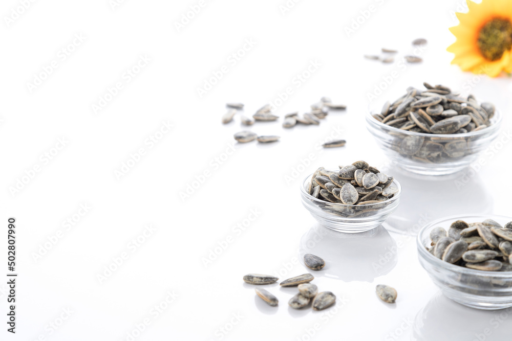 Three bowls of sunflower seeds isolated on white background with copy space.