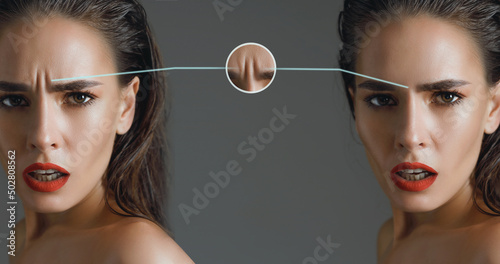 Canvas Print indignant and surprised glamor brunette woman with a wrinkle on her forehead, dissatisfied with aging and the appearance of wrinkles on her skin