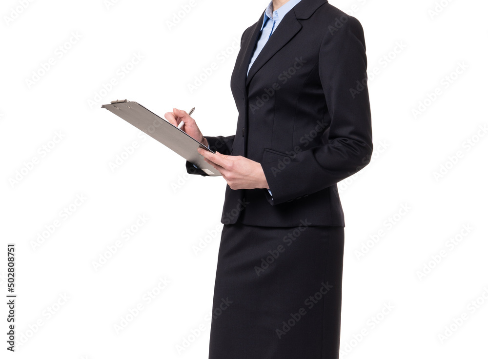 Unrecognizable woman half body in office suit holding documents and pen Unrecognizable woman half body in office suit holding documents and pen