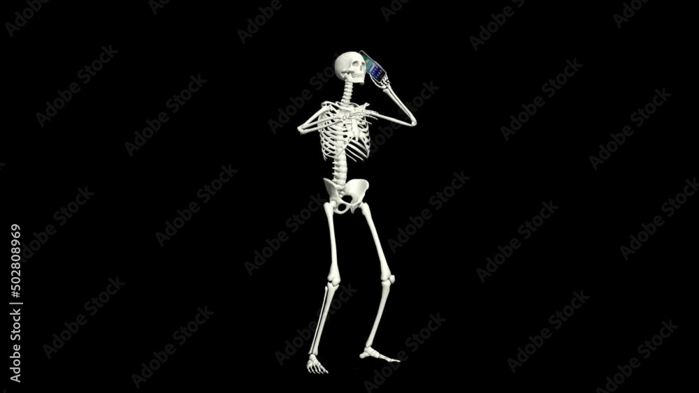 Skeleton is talking on the phone. Skeleton conversation using the phone. 3D realistic animation. Transparent background. Skeleton is talking on the phone. Skeleton conversation using the phone. 3D realistic animation. Transparent background.