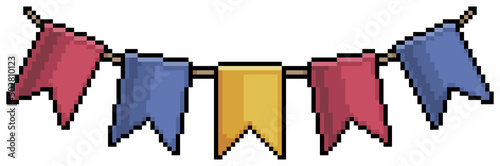 Pixel art brazilian festa junina decoration flags and banners vector icon for 8bit game on white background