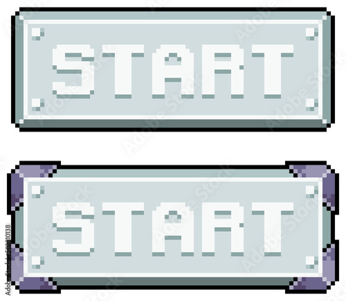 Pixel art metallic style start button vector icon for 8bit game on white background
