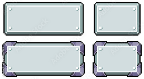 Pixel art metallic style buttons. Selected and unselected buttons vector icon for 8bit game on white background
