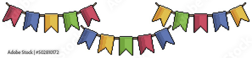 Pixel art brazilian festa junina decoration flags and banners vector icon for 8bit game on white background