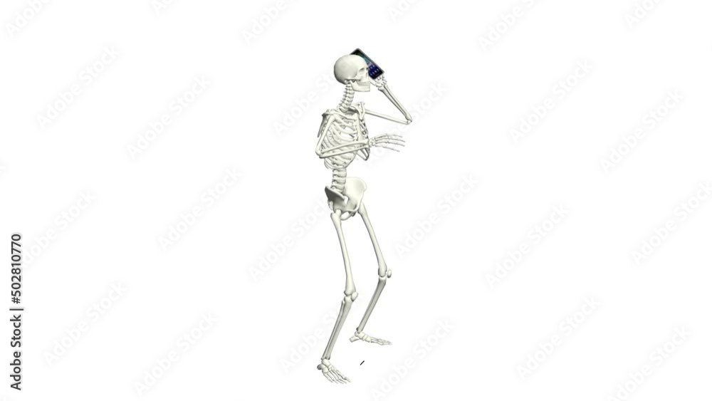 Skeleton is talking on the phone. Skeleton conversation using the phone. 3D realistic animation. White background. Skeleton is talking on the phone. Skeleton conversation using the phone. 3D realistic animation. White background.