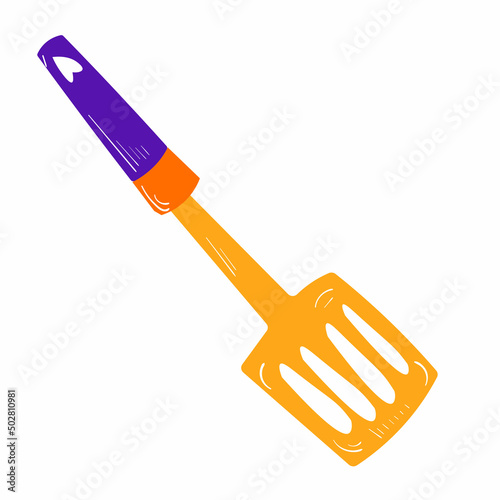 Vector spatula illustration. Kitchen tools icon set. Cooking collection. Yellow and purple color. On white background.