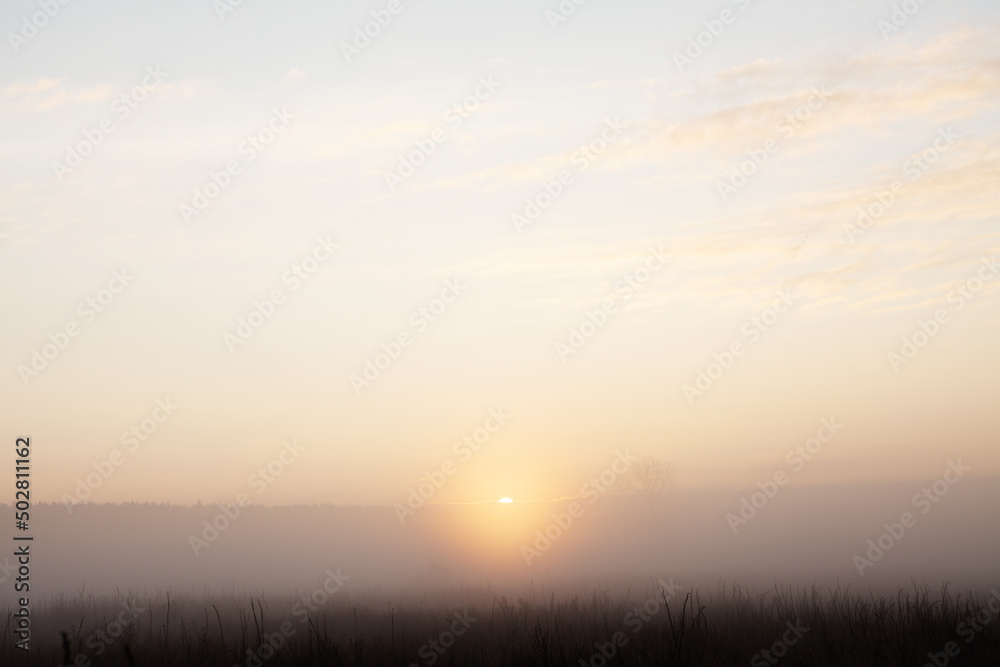 Beautiful foggy sunrise over misty field an early morning. Winter autumn countryside landscape. Fog down in valley, sun and fluffy clouds above horizon