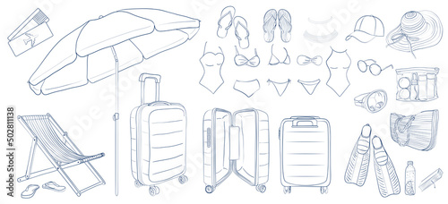Vacation set by the sea. Outline illustration of a set for a holiday on the sea coast.