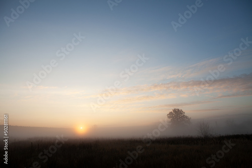 Beautiful foggy sunrise over misty field an early morning. Winter autumn countryside landscape. Fog down in valley  sun and fluffy clouds above horizon