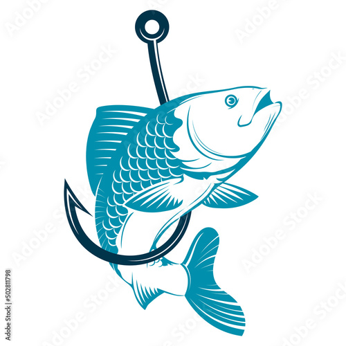 Big fish on the hook. Fish hook silhouette. Fishing and hobby symbol