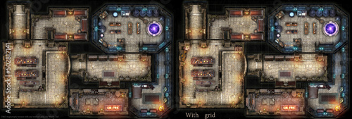 A dungeon map for the board game dungeons and dragons, it has a wizard's lair in which there is a dining room, a barracks, a laboratory for experiments and a wizard's private chambers. 3d rendering photo