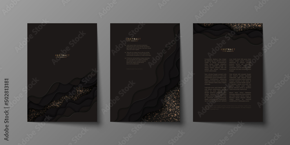 Set of elegant abstract luxury covers design with golden glitter, paper cut curved elements and copy space on black. Premium layered modern geometric template of invitation, brochure, notebook, card
