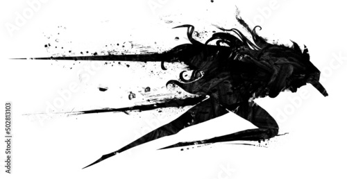 Quadro su tela A deadly fast moving werewolf girl with two swords in the skin of a wolf with a predator mask rushes at an inhuman supernatural speed