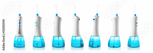 Portable oral irrigator, dental water jet or water flosser captured from different sides, collage, banner isolated on white background