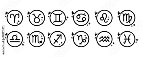 Zodiac signs set, astrological symbols of twelve zodiacal constellations. Vector flat illustrations, isolated on white background. Horoscope elements and celestial black round icons with stars.