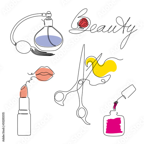 Items for makeup, perfumery, care, elements related to the beauty sphere, a set of vector illustrations