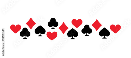 Card suits black red pattern line. Decorative element, playing cards, casino. Risk, gambling - card suits border line. Signs and symbols - hearts, diamonds, clubs and spades.