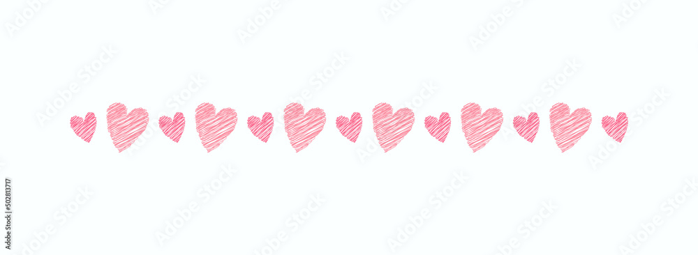 Pink doodle scribble hearts decorative element. Love vector isolated illustration for Wedding or Anniversary, for Valentine's Day. Cute hand drawn hearts border line for love and friendship theme.