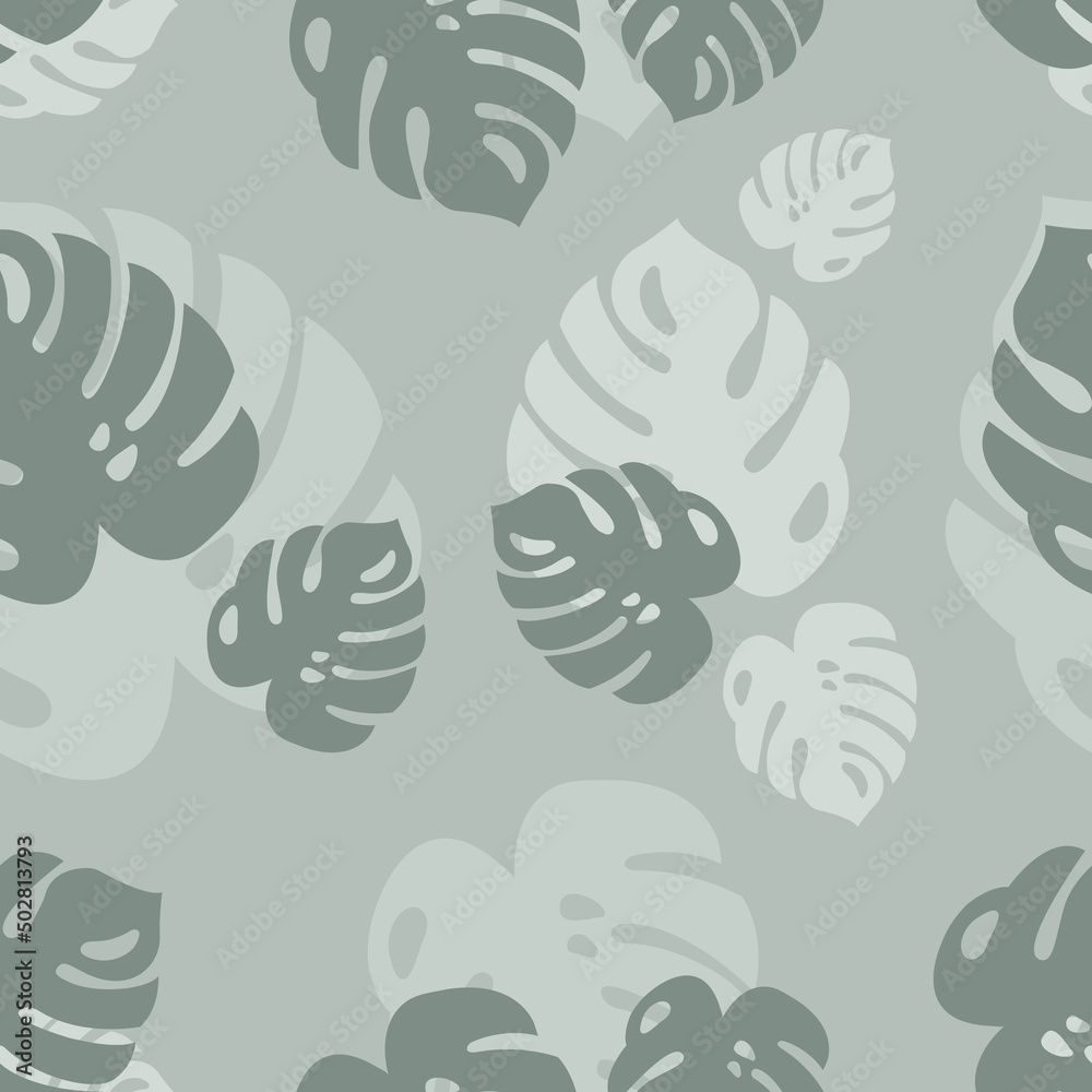Tropical seamless pattern from monstera leaves. Stylish summer texture. Background from green tropical leaves with transparency and overlay. Spring jungle print from tropics. Monstera fabric, textile.