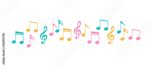 Cute musical notes pattern line. Decorative element for different holidays. Musical border line - to decorate cards, postcards, invitations. Festive design decor color illustration