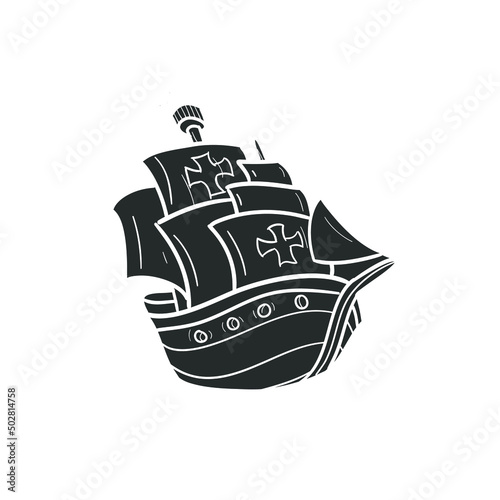 Spanish Caravel Icon Silhouette Illustration. Sea Ship Vector Graphic Pictogram Symbol Clip Art. Doodle Sketch Black Sign.