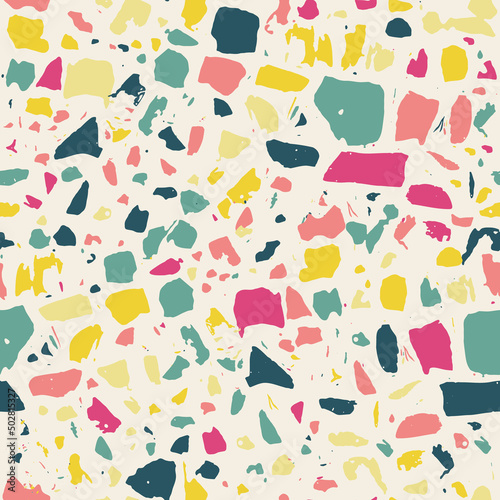 Terrazzo flooring vector seamless pattern background. Texture of classic italian type of floor in Venetian style composed of natural stone, granite, quartz, marble, glass and concrete. Funky colours