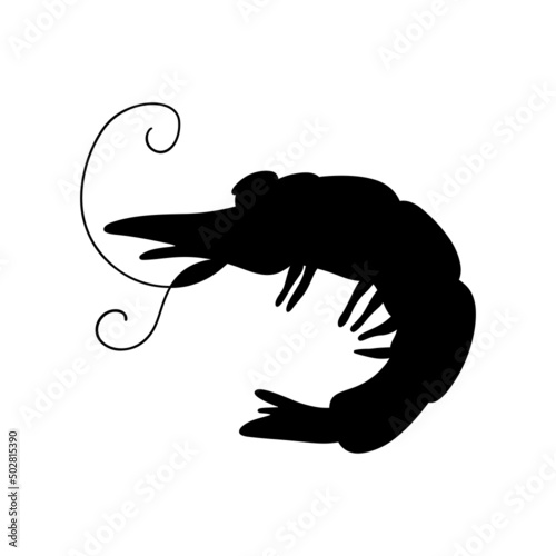 Black silhouette of a sea shrimp, side view. Silhouette of a marine animal. Vector illustration isolated on a white background