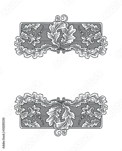 Vector vintage frame of two vignettes with floral swirls, flowers and berries, antique decorative element with copy space