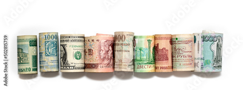Currencies of different countries on a white background