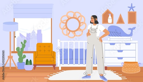 Flat vector illustration with happy pregnant woman in the nursery in cozy scandinavian style. Concept of motherhood.