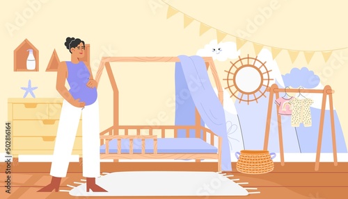 Flat vector illustration with happy pregnant woman in the nursery in cozy scandinavian style. Concept of motherhood.