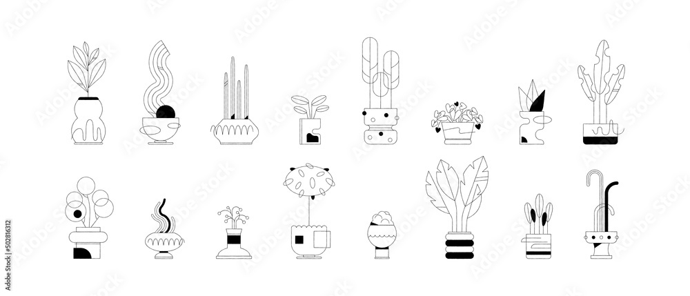 Set of minimal black and white illustrated potted plants. Textured lines and shapes. Abstract vectors in organic style. Isolated objects.