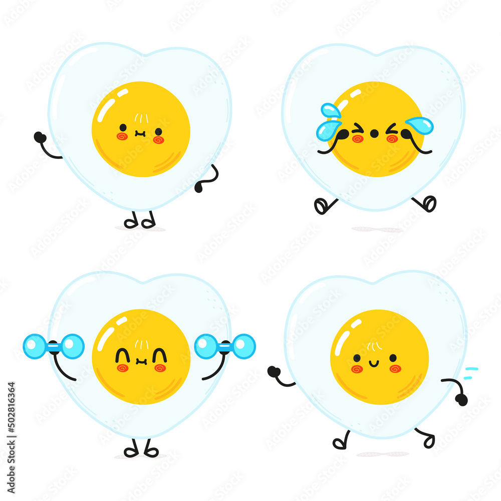Fototapeta premium Funny cute happy fried egg characters bundle set. Vector hand drawn doodle style cartoon character illustration icon design. Cute fried egg mascot character collection