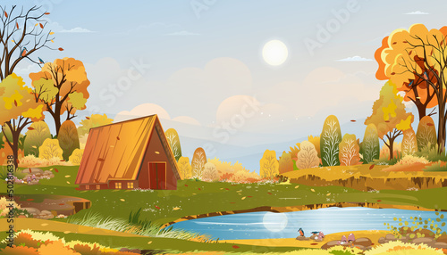 Autumn rural landscape in evening light with sunset, blue and orange sky background,Vector Cartoon fall season at countryside with forest tree and grass field with sunrise,Backdrop natural banner