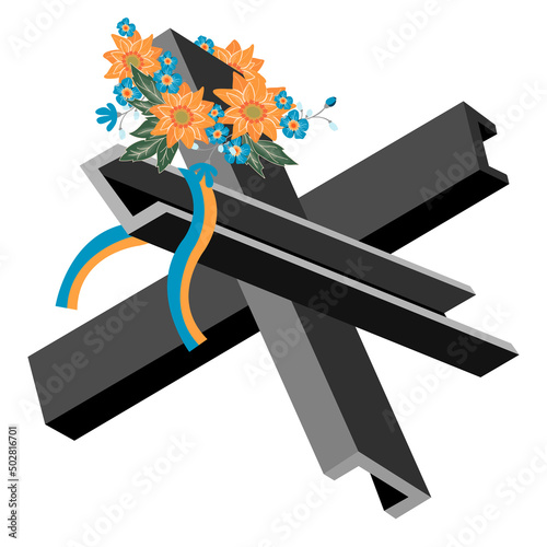 Anti-tank urchin,blue and yellow ribbon and a wreath of sunflowers.Six-pointed cross from a metal profile and Ukrainian symbols.Vector flat isometric illustration on white background.
