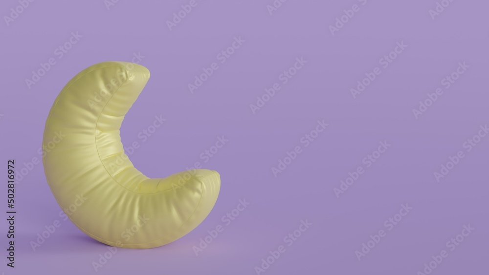 Fototapeta premium Inflatable toy soft yellow glossy crescent moon on a pastel purple background. 3d rendering illustration. Time to sleep. Place for text.