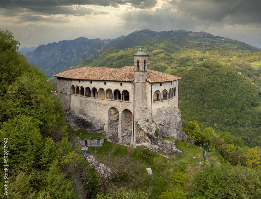 Aerial panoramic view from the drone of a Sanctuary in the rock