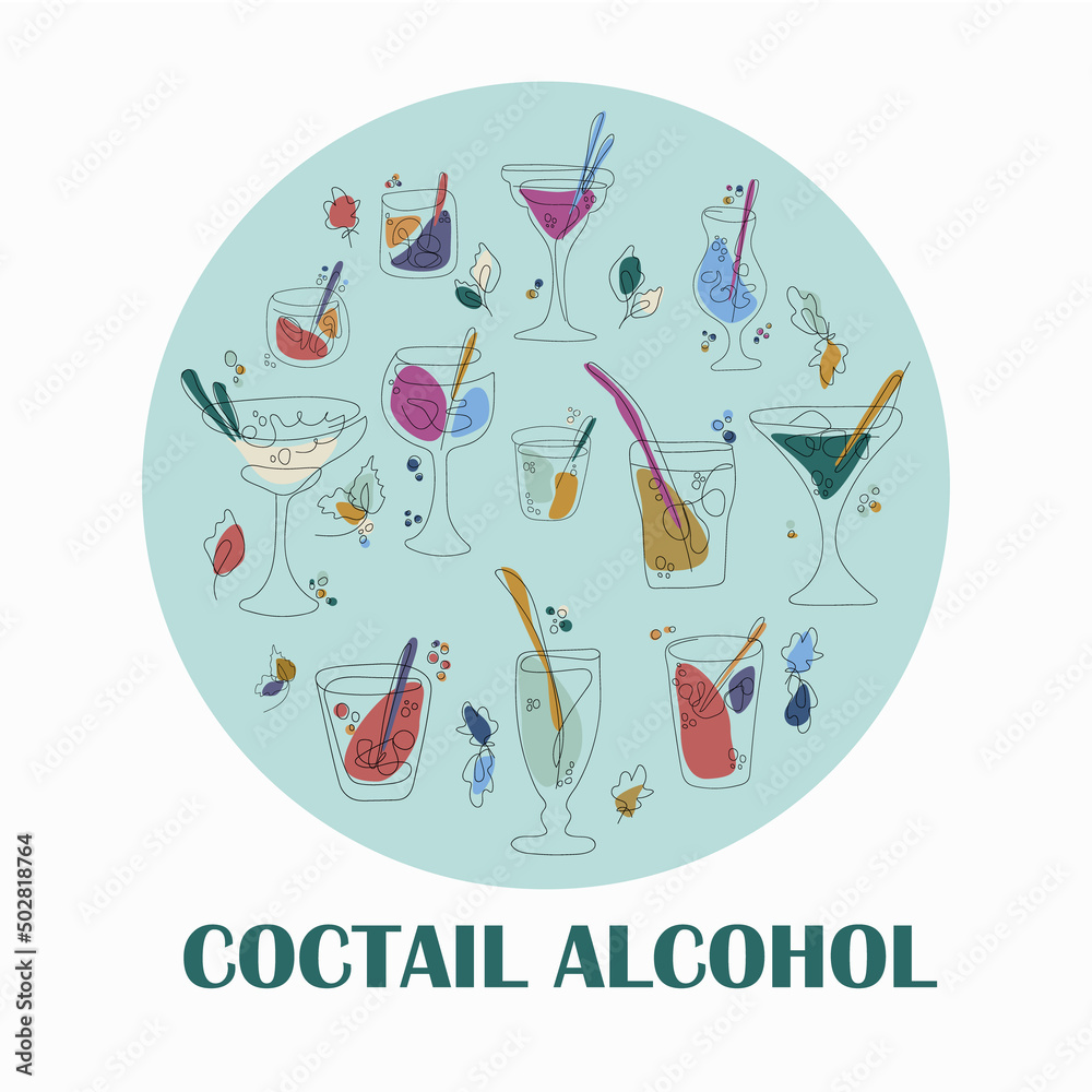 Alcohol Coctail Sign Round Design Template Thin Line Icon Banner on a White for Menu. Lineart illustration Alcohol Coctail Sign Round Design Template Thin Line Icon Banner on a White for Menu. Lineart illustration