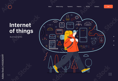 Technology Memphis - internet of things -modern flat vector concept digital illustration of home appliances remote control in cloud and hiking man. Creative landing web page template