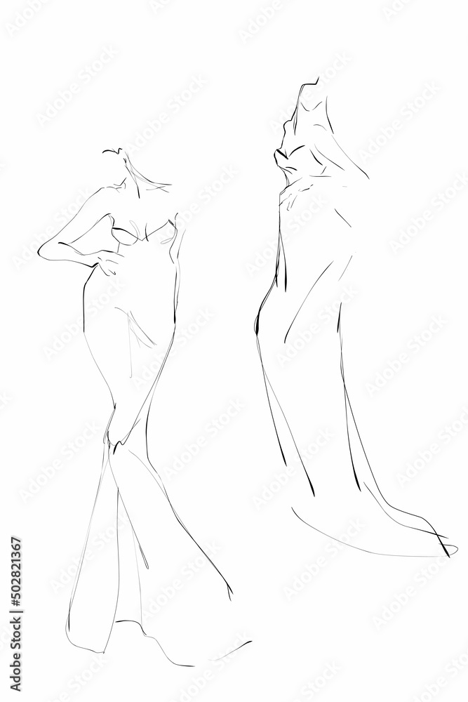 Young women models in evening dress. Fashion illustration, sketch. Vector