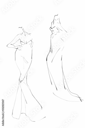Young women models in evening dress. Fashion illustration, sketch. Vector