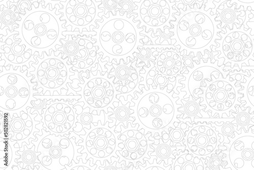 Seamless gears pattern outline white tech background. Industrial mechanics texture. Linear drawing web page fill backdrop. Technology wrapping paper design