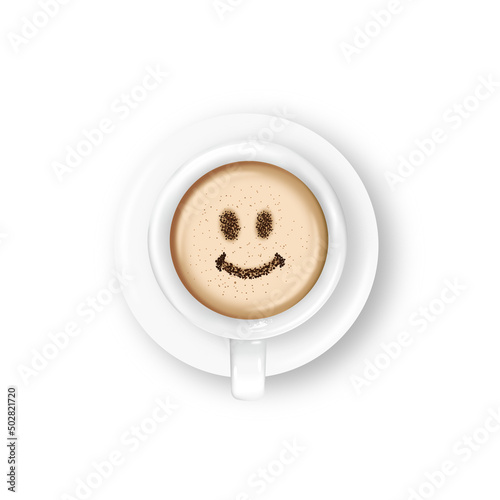 Set coffee cappuccino with sprinkling emoticon emotion smile vector isolated