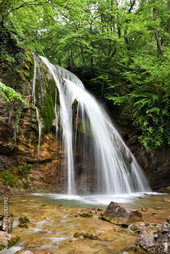 Waterfall Jur-Jur in Crimea full hight beautiful water strings landscape
